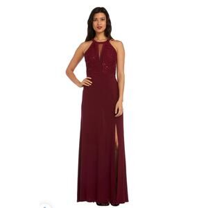 Nightway Womens Merlot Burgundy Long Sequin Formal Halter Gown Dress Size 6 NEW